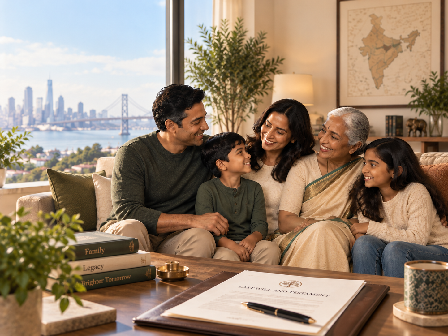 A multigenerational Indian family together, with a city skyline behind them
